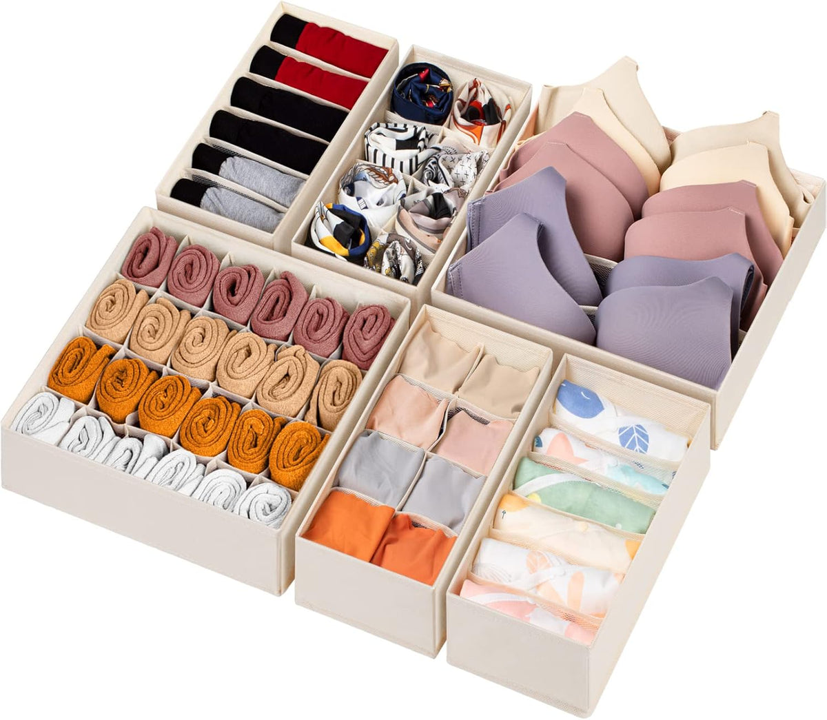 6 Pack Sock Underwear Drawer Organizer Dividers, 58 Cell Foldable Fabric Dresser Closet Organizers