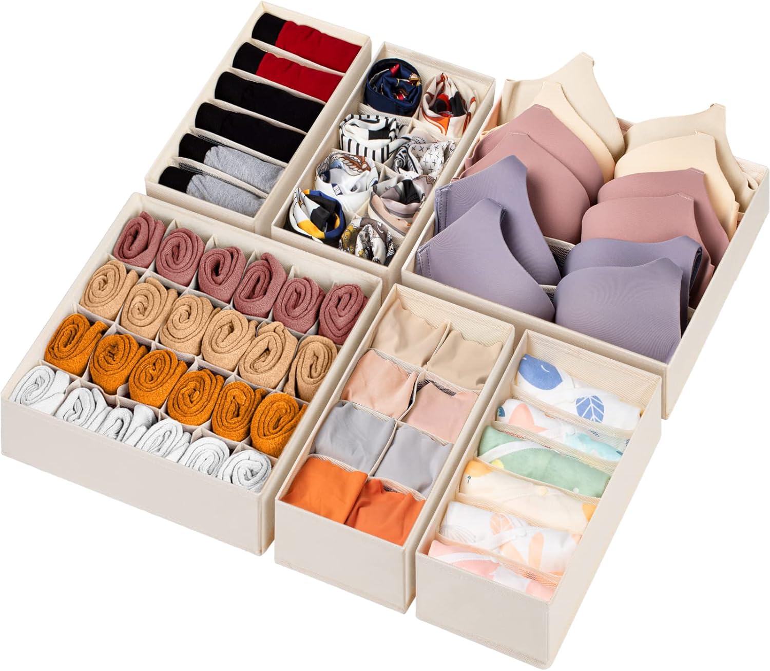 6 Pack Sock Underwear Drawer Organizer Dividers, 58 Cell Foldable Fabric Dresser Closet Organizers