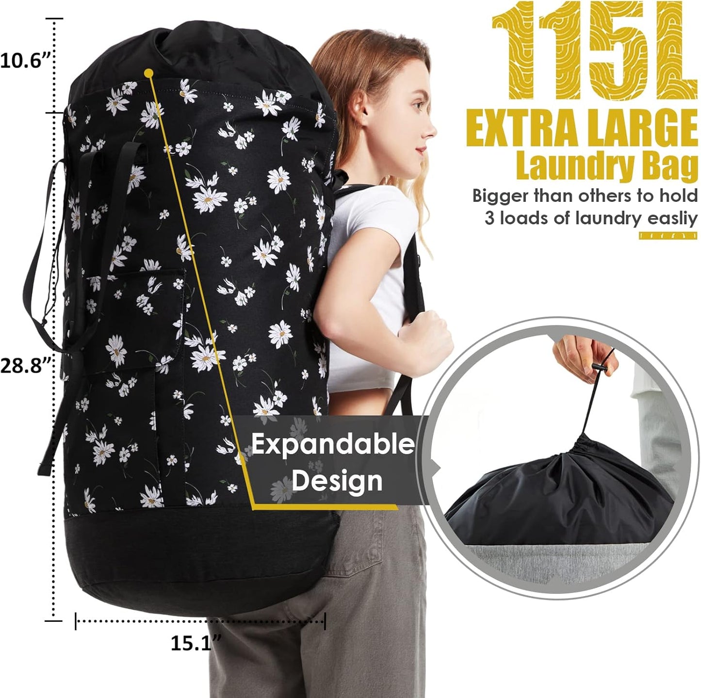 Laundry Backpack 115L, Heavy Duty Laundry Bag with Shoulder Straps, Backpack Laundry Bags for