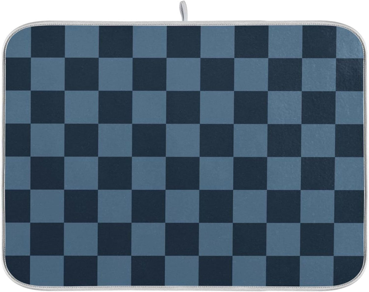 Buffalo Plaid Navy Blue Dish Drying Mat for Kitchen Countertop 18x24 Chessboard Rectangle Large