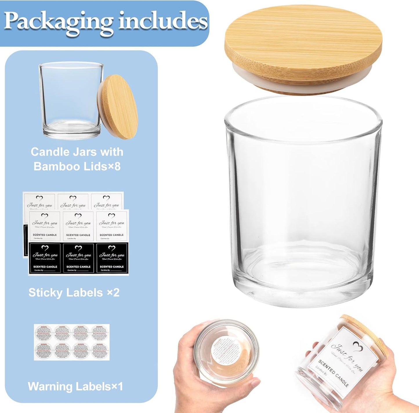 CONNOO 8 Pack 14 OZ Clear Glass Candle Jars with Bamboo Lids for Making Candles, Large Size Empty