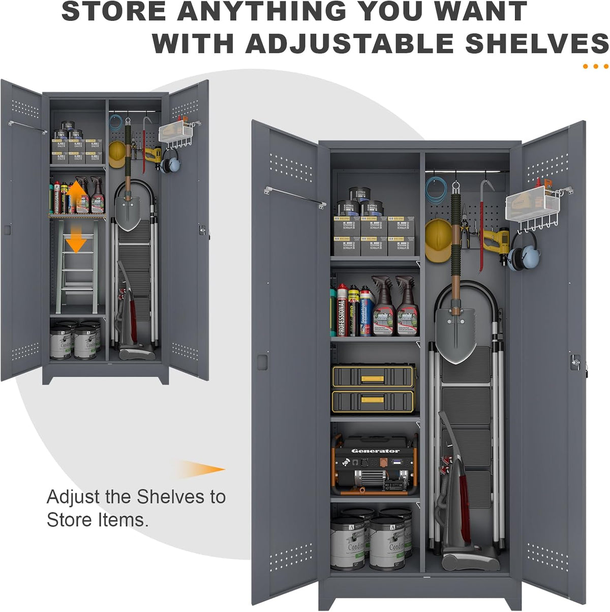 Metal Tool Storage Cabinet, Broom Closet with Hooks, 72.8" Tall Garage Cabinet with Shelves