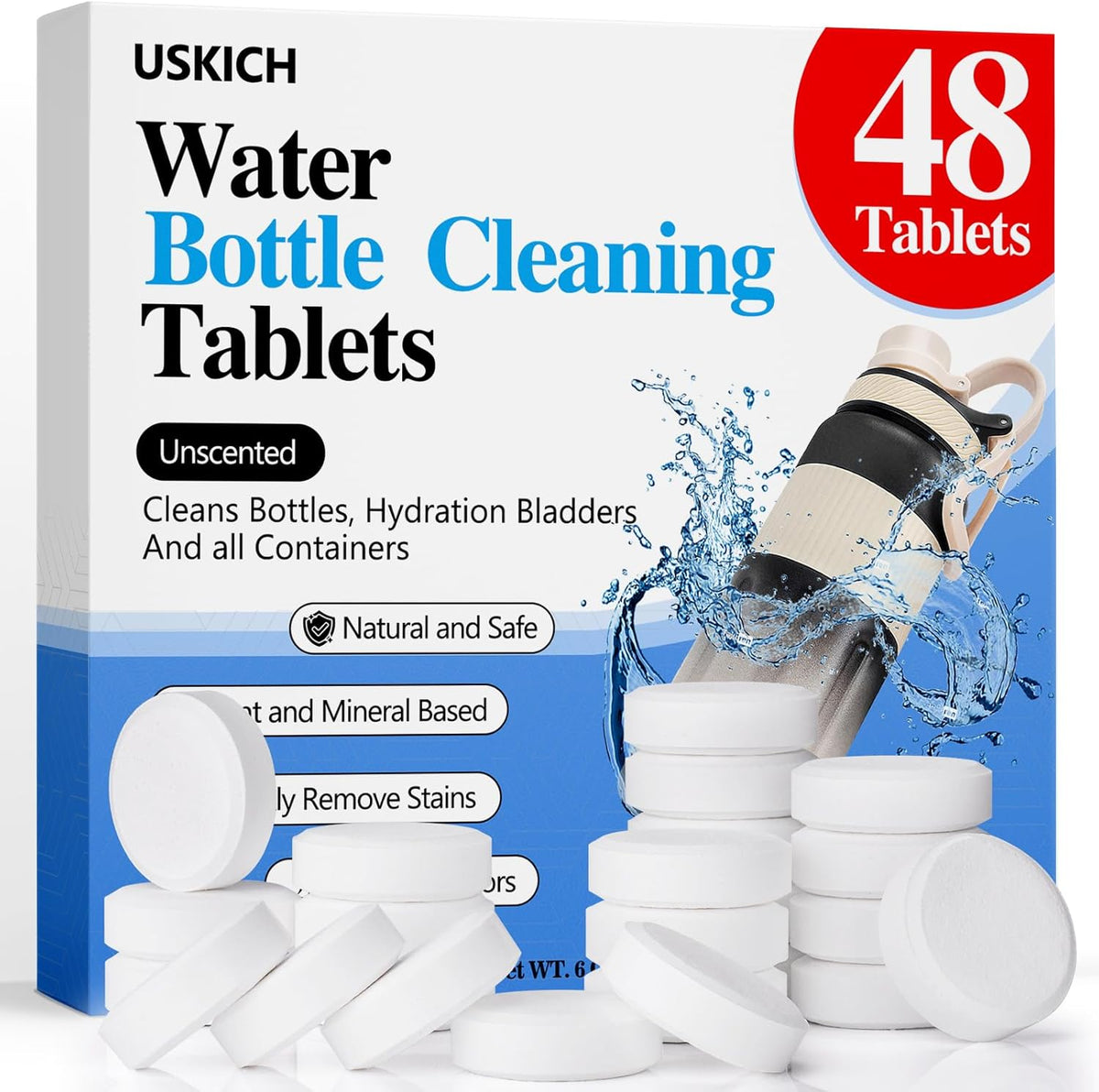 USKICH 48 Pack Water Bottle Cleaning Tablets,Water Bottle Cleaner Great for Stainless Steel