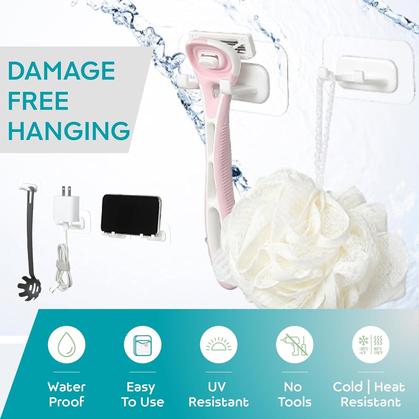 Hook LAB Self-Adhesive Shower Razor Holder, 2-Pack, Removable & Reusable Waterproof Hooks, for