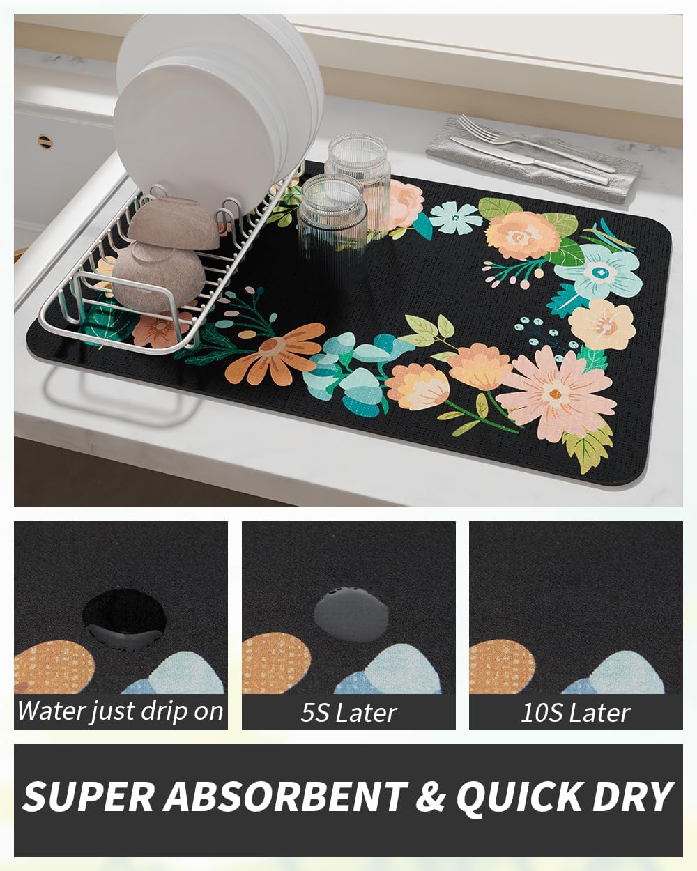 AMOAMI Coffee Mat Hide Stain Rubber Backed Absorbent Dish Drying Mat for Kitchen Counter - Bar