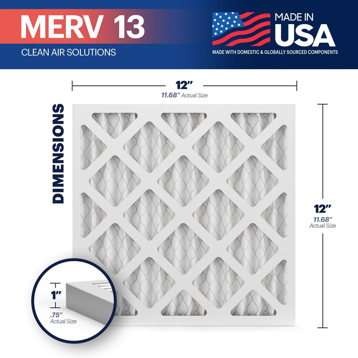 BNX TruFilter 12x12x1 Air Filter MERV 13 (6-Pack) - MADE IN USA - Electrostatic Pleated Air