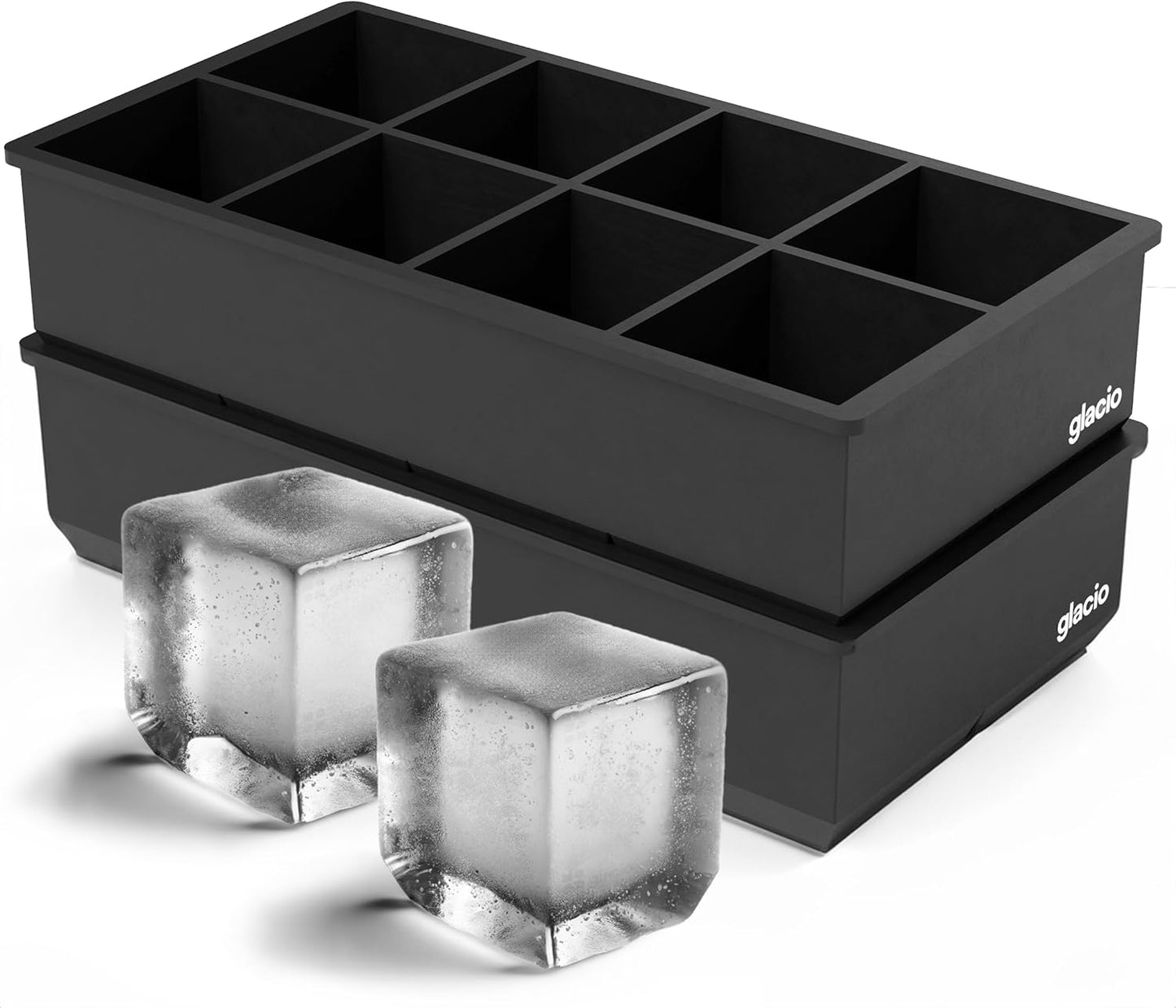 glacio Ice Cube Molds – 2-Pack Silicone Trays for 8 Large Square Cubes – Slow-Melt Ice for Whiskey