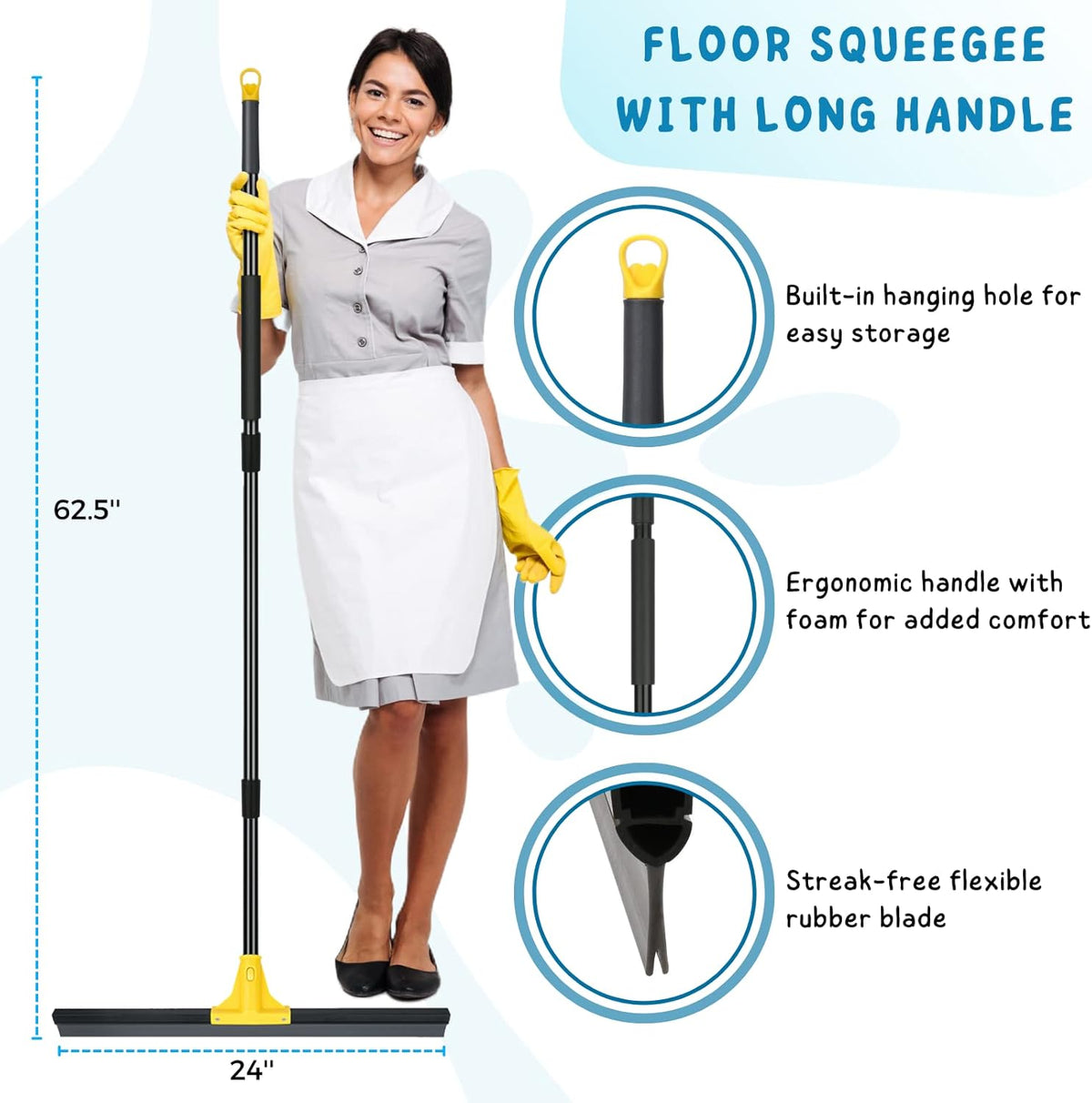 Floor Squeegee for Concrete and Tile Cleaning, 24'' Rubber Wiper Broom, Large Heavy Duty Water