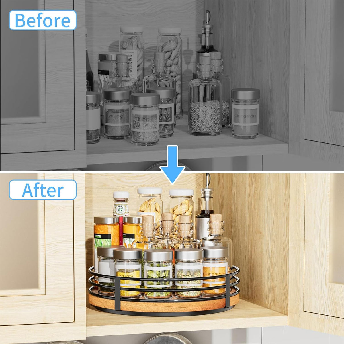 Wood Lazy Susan Turntable Organizer - 11" Round Wooden Lazy Susan for Cabinet Kitchen Countertop