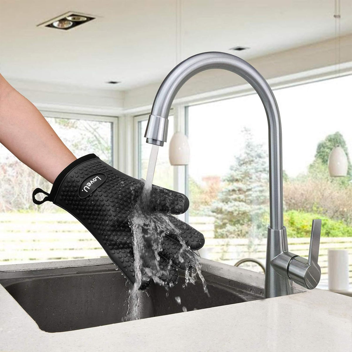 Kitchen Oven Gloves - Dual-Layer Heat Resistant Grilling Gloves, Silicone Oven Mitts with 5