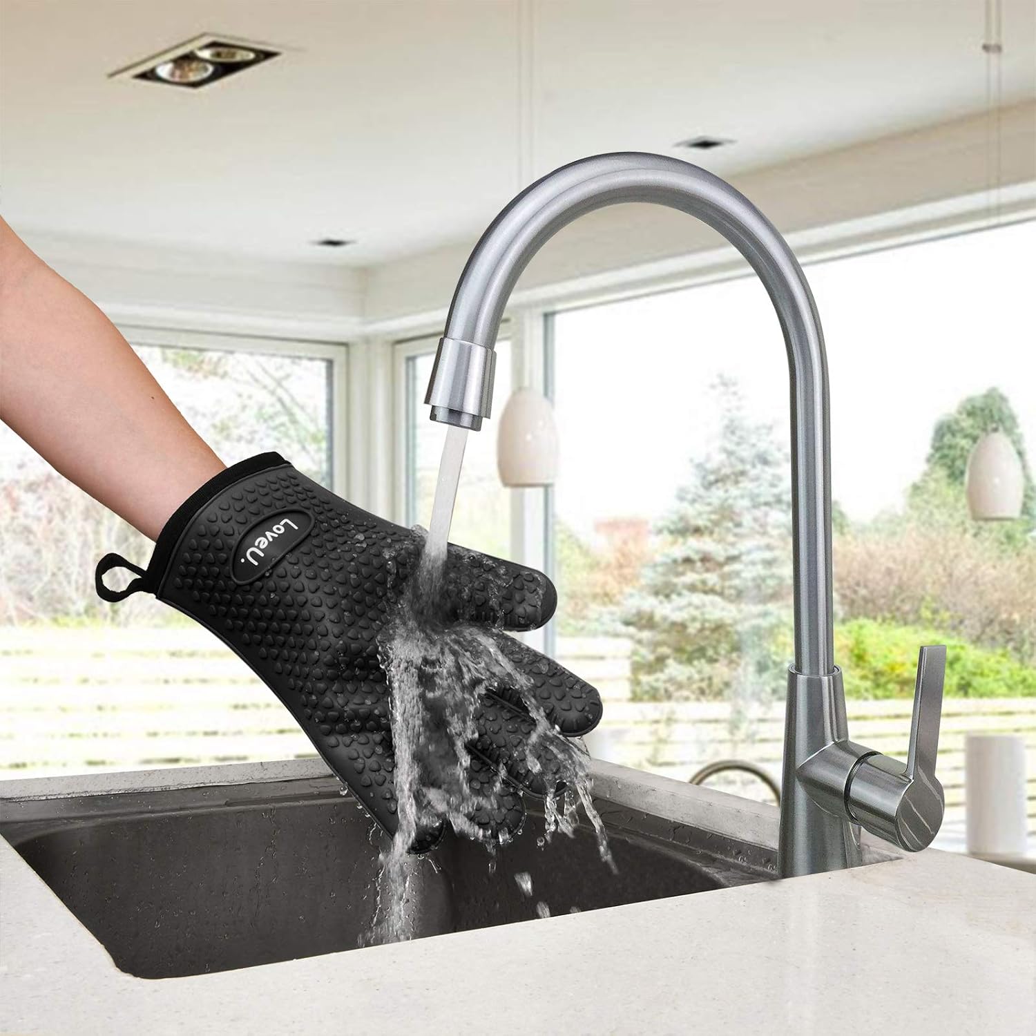 Kitchen Oven Gloves - Dual-Layer Heat Resistant Grilling Gloves, Silicone Oven Mitts with 5