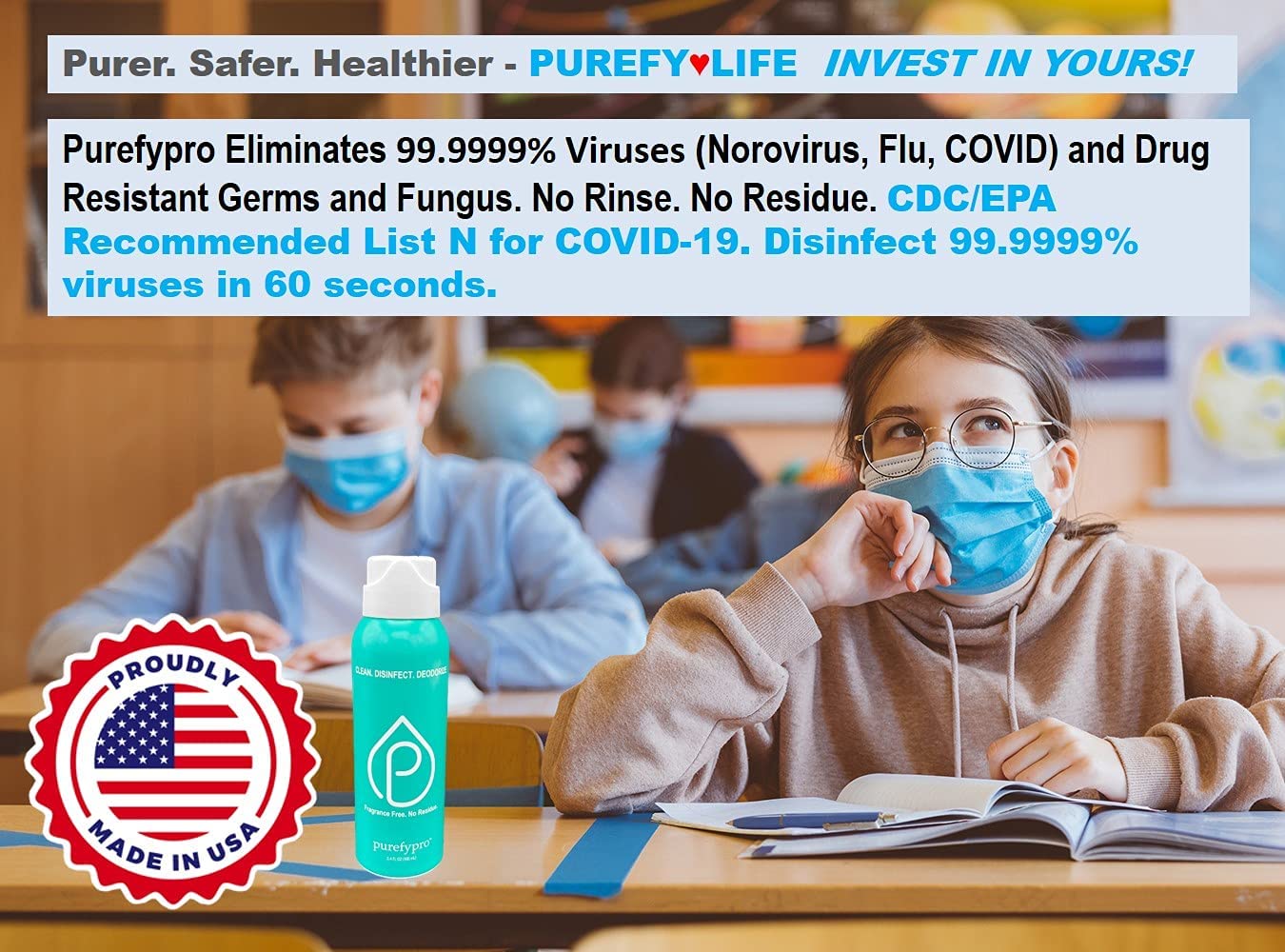 Purefypro Disinfectant Airesol Spray (3.4oz, 3 Pack) Kills 99.9999% Norovirus, HIV, Flu, Monkeypox