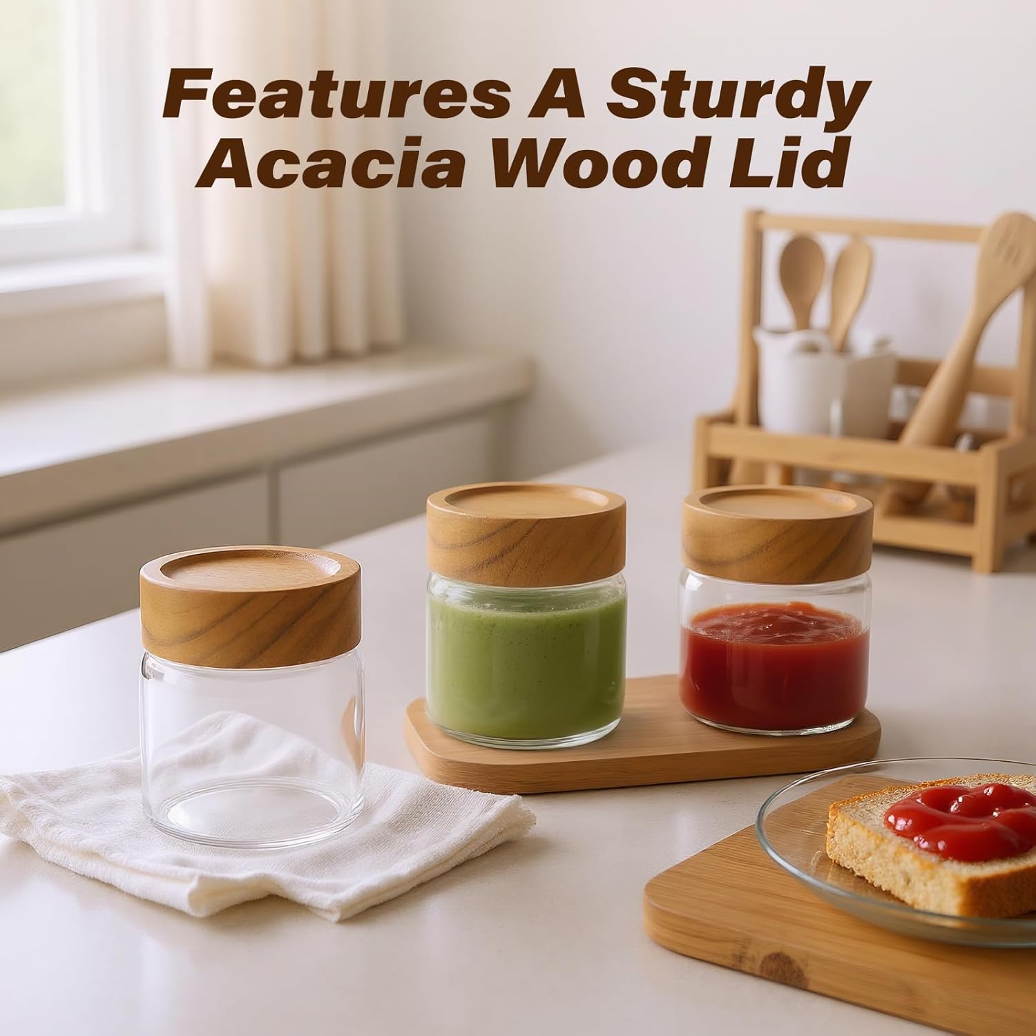 6-Pack 6 oz Airtight Food Sealed Jars with Acacia Wood Lids - Glass Meal Prep Containers for