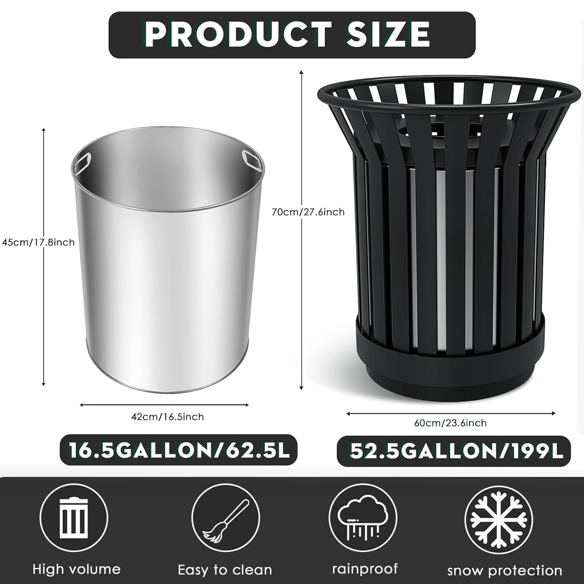 27.6IN Round Large Outdoor Trash Can, Heavy Duty Metal Slatted Garbage Can Outdoor, All Weather