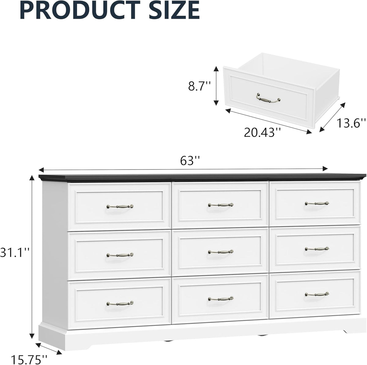 9 Drawer Dresser for Bedroom, 63" Wide Wooden Chest of Drawers, Rustic Farmhouse Dresser with Large