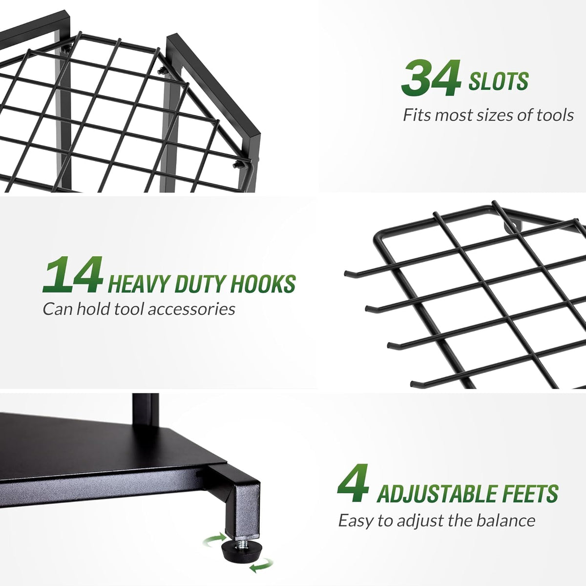 Garden Tool Organizer for Corner - Heavy Duty Metal Rack with 34 Storage Compartments & 14 Hooks