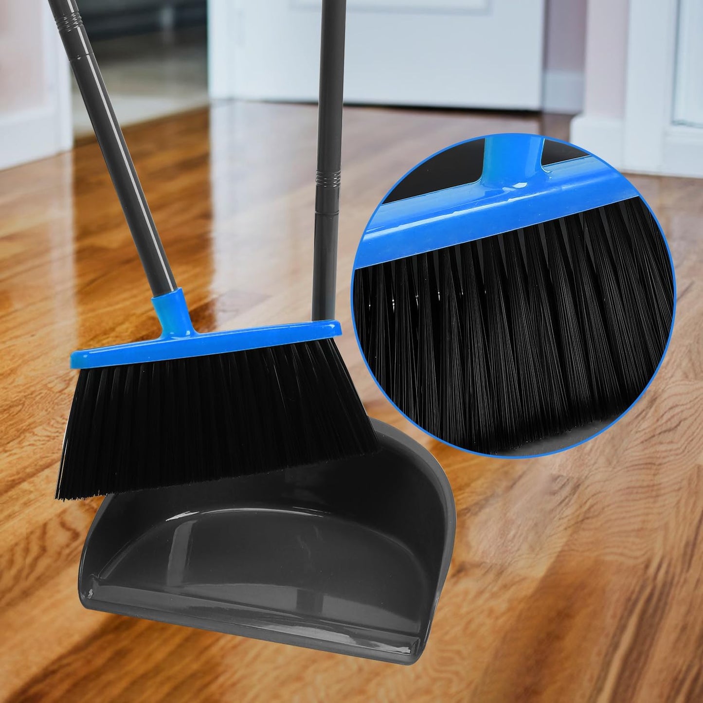 Broom and Dustpan Set ，Long Handle Broom with Upright Standing Dust pan for Indoor Outdoor Home