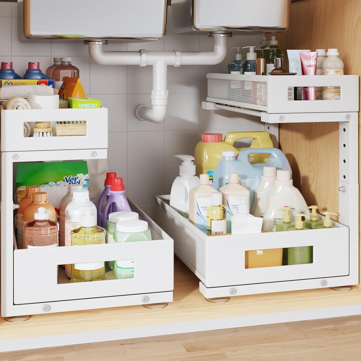 2-Pack Under Sink Storage Organizer, Large 2-Tier Elegant Mesh Pull Out Shelf for Kitchen and