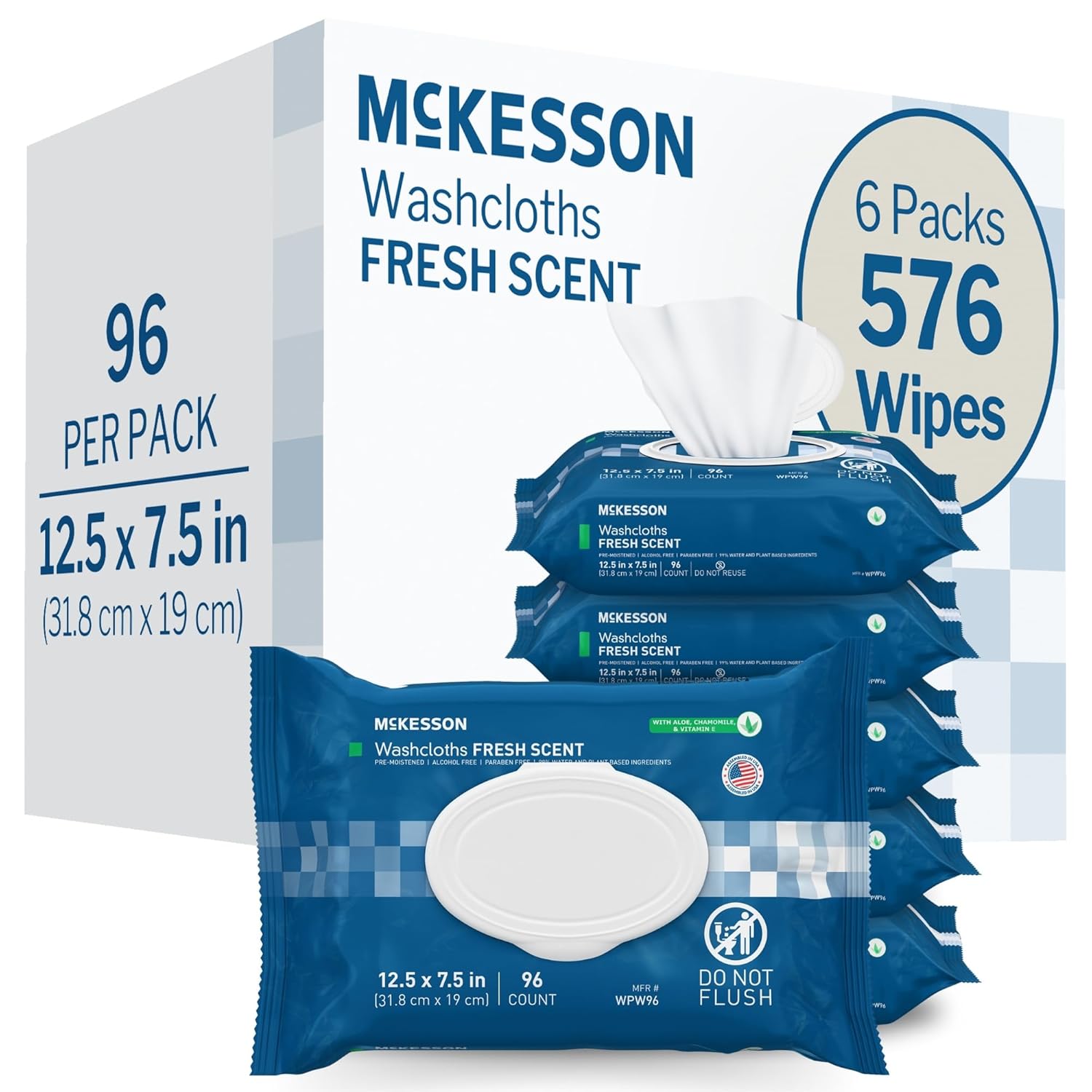 McKesson Washcloth Wipes for Adults, Scented (6 Pack, 576 Washcloths) Disposable Wash Cloths for
