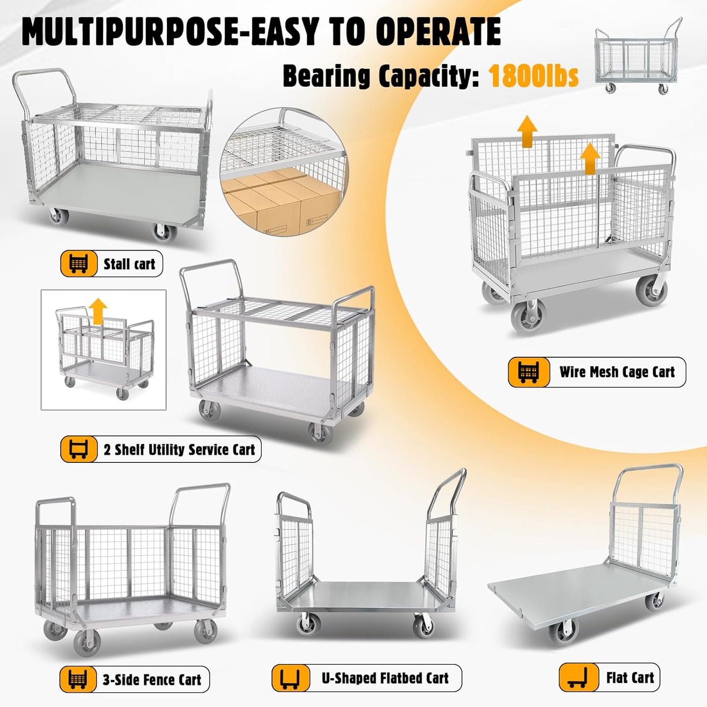 Platform Truck Cart with Cage, 6 in1 Foldable Flatbed Cart Heavy Duty Push Cart Dolly W/Swivel