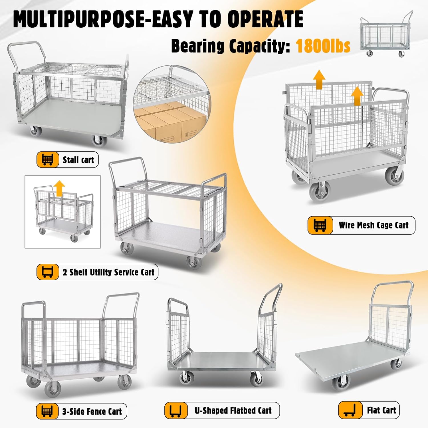 Platform Truck Cart with Cage, 6 in1 Foldable Flatbed Cart Heavy Duty Push Cart Dolly W/Swivel