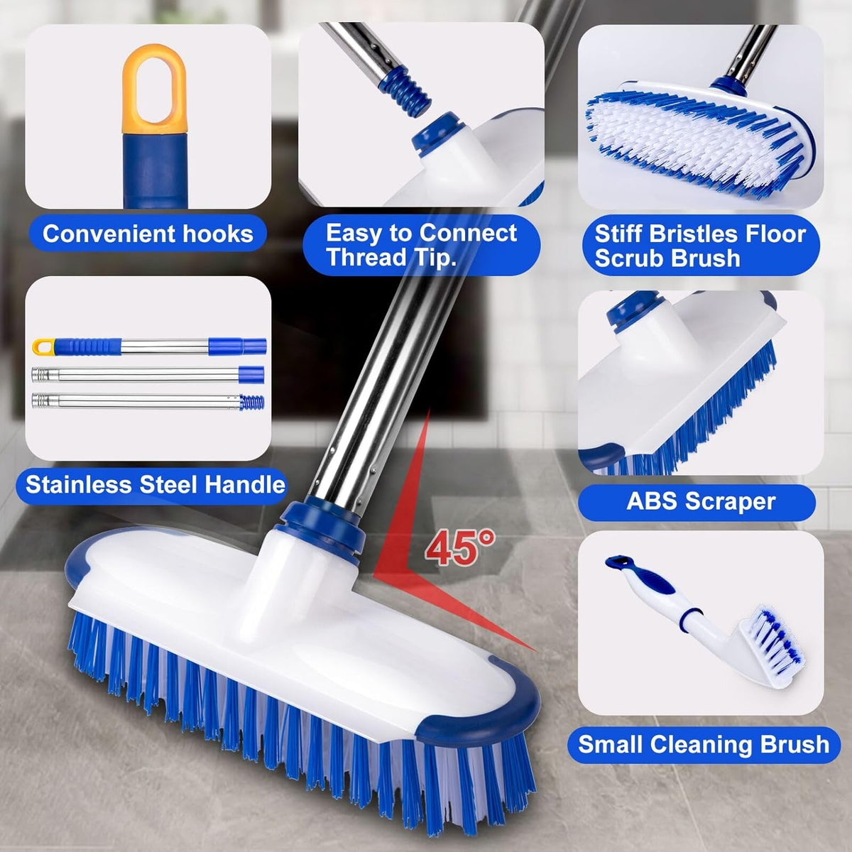 ITTAHO Floor Scrub Brush with Long Handle, 2 in 1 Deck Scrub Brush, Stiff Bristle Scrub Broom &
