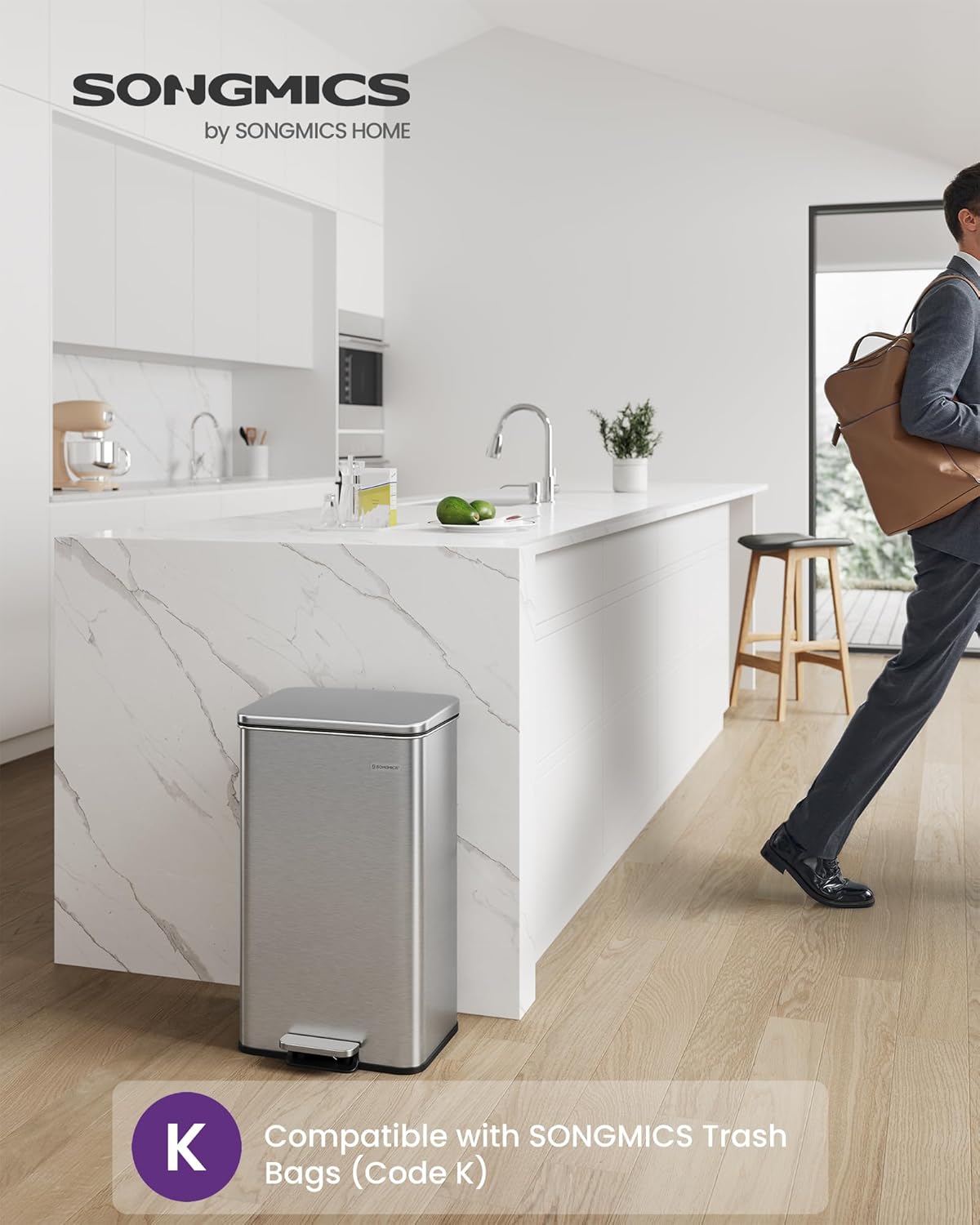 SONGMICS Kitchen Trash Can, 10.5 Gallon (40 L) Garbage Can, Large Step Trash Bin with Lid
