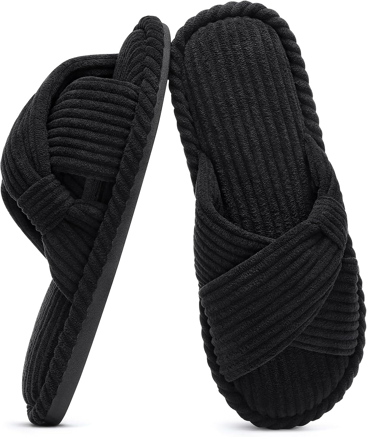 Evshine Summer House Slippers for Women Corduroy Cross Bow Indoor Slippers Open Toe Slip On Bedroom