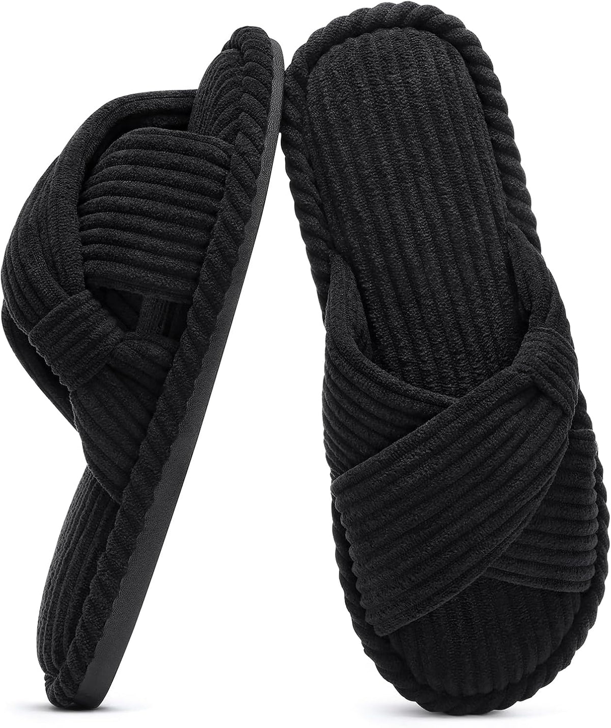 Evshine Summer House Slippers for Women Corduroy Cross Bow Indoor Slippers Open Toe Slip On Bedroom