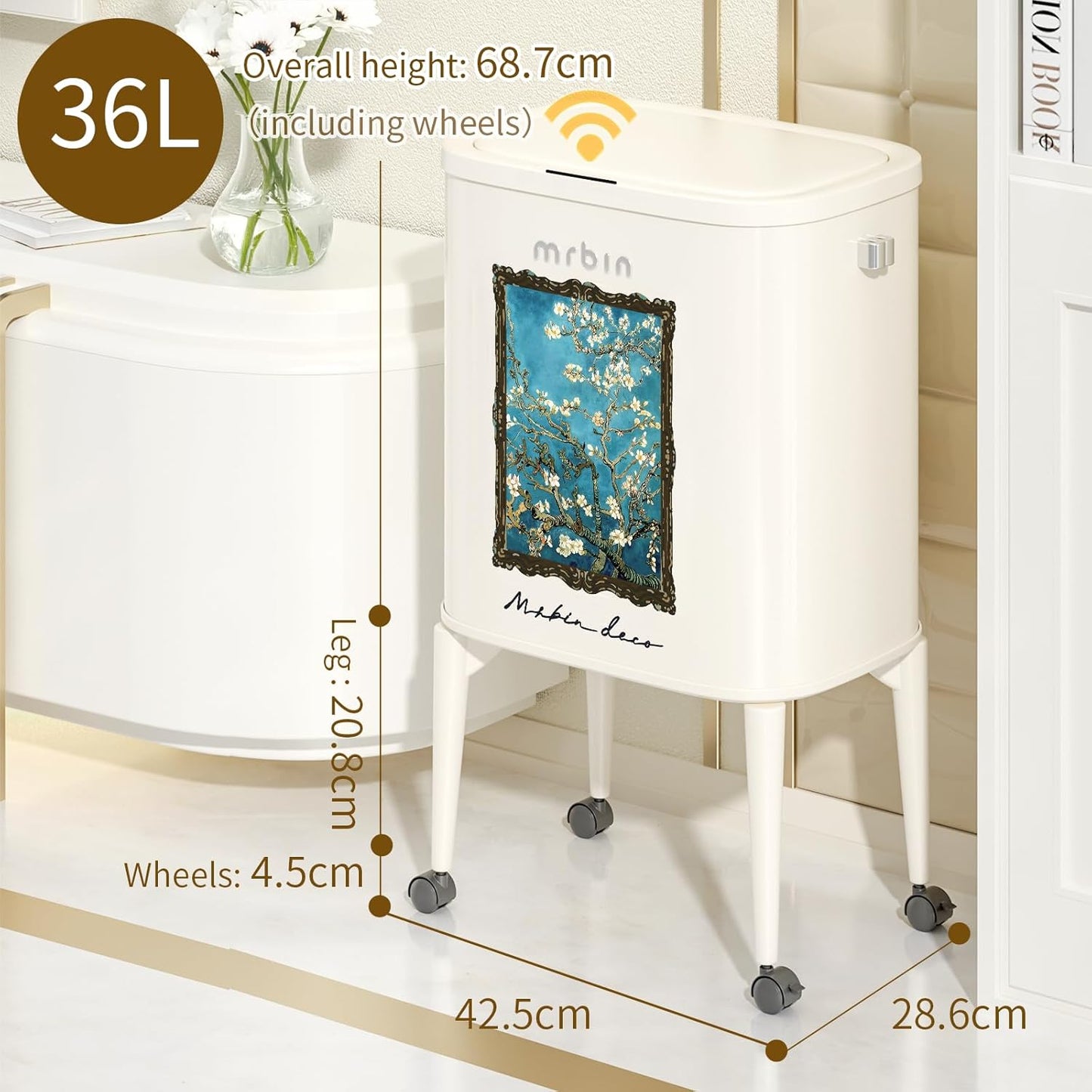 MRBIN Metal Kitchen Trash Can with Wheel Legs, 36L / 9.5gal Medium Press Lid Slim Removable Waste