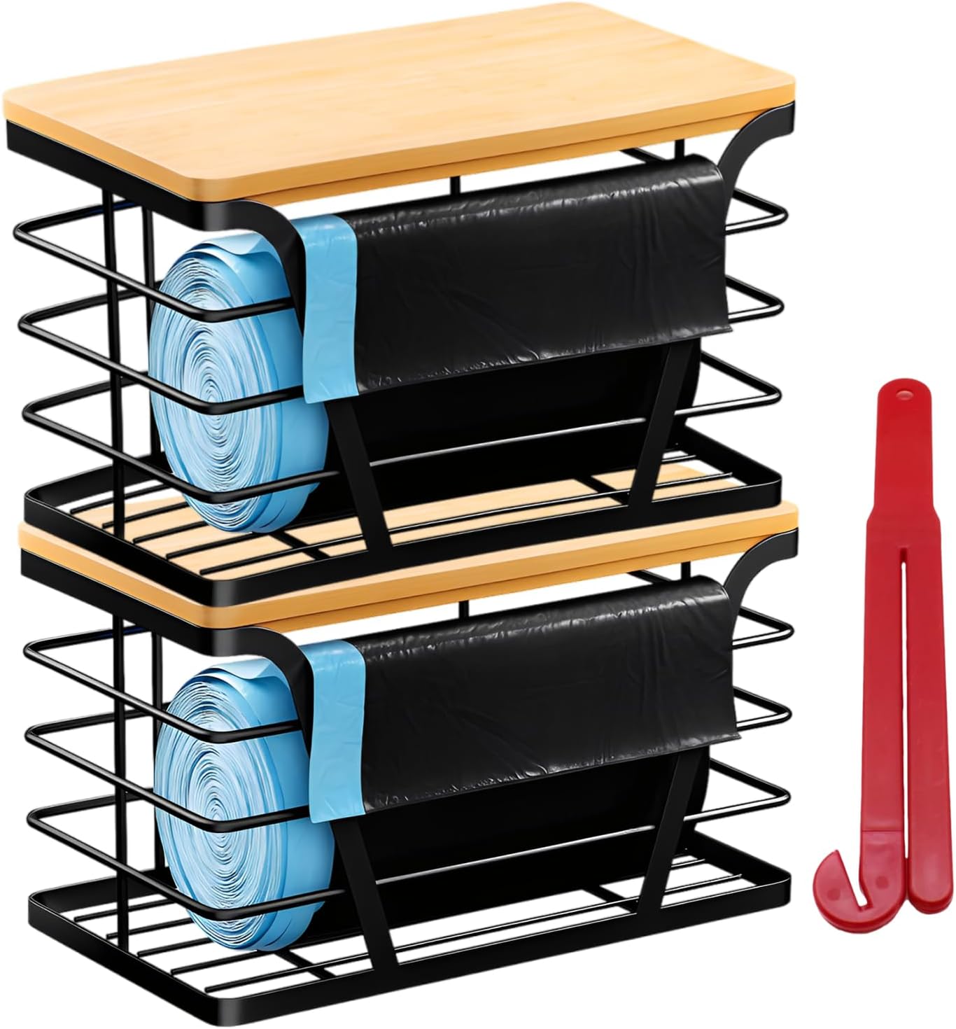 2 - Pack Trash Bag Dispenser with Bamboo Top, Stackable Garbage Bag Holder, Large Capacity Trash