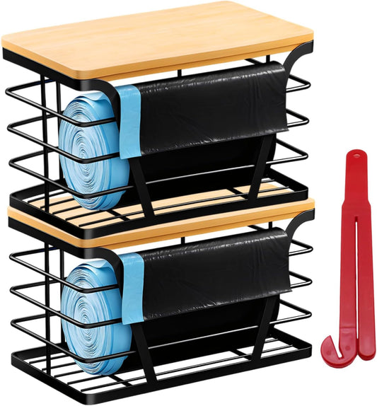 2 - Pack Trash Bag Dispenser with Bamboo Top, Stackable Garbage Bag Holder, Large Capacity Trash