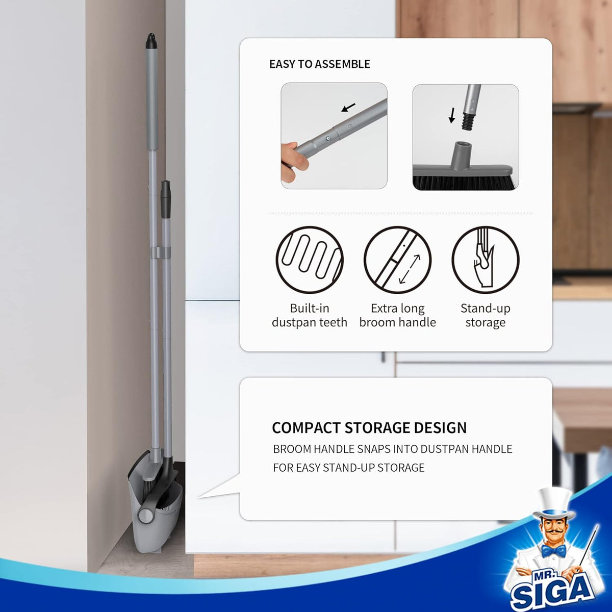 MR.SIGA Broom and Dustpan Set with Adjustable Long Handle, Upright Combo for Floor, Cleaning Lobby