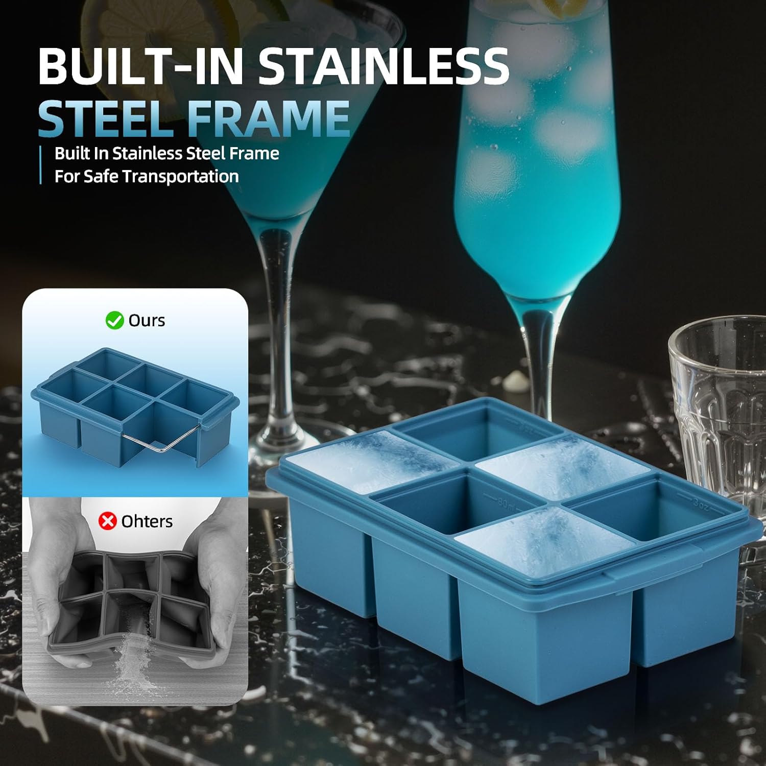 Large Ice Cube Trays for Whiskey (2 Pack) - Silicone Ice Cube Molds with Steel Frame Reinforcement