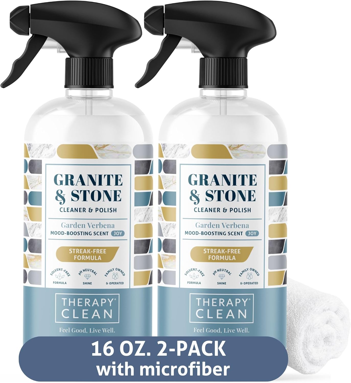 Therapy Granite Countertop Cleaner & Polish (2 Pack - With Microfiber) - pH Neutral, Marble