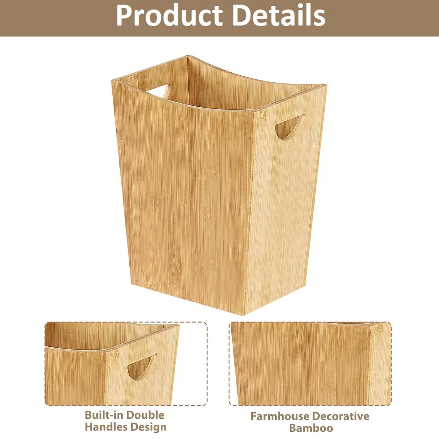 SEHERTIWY Wood Trash Can Wastebasket, 2 Gallon Small Waste Basket with 2 Handles, Rectangular
