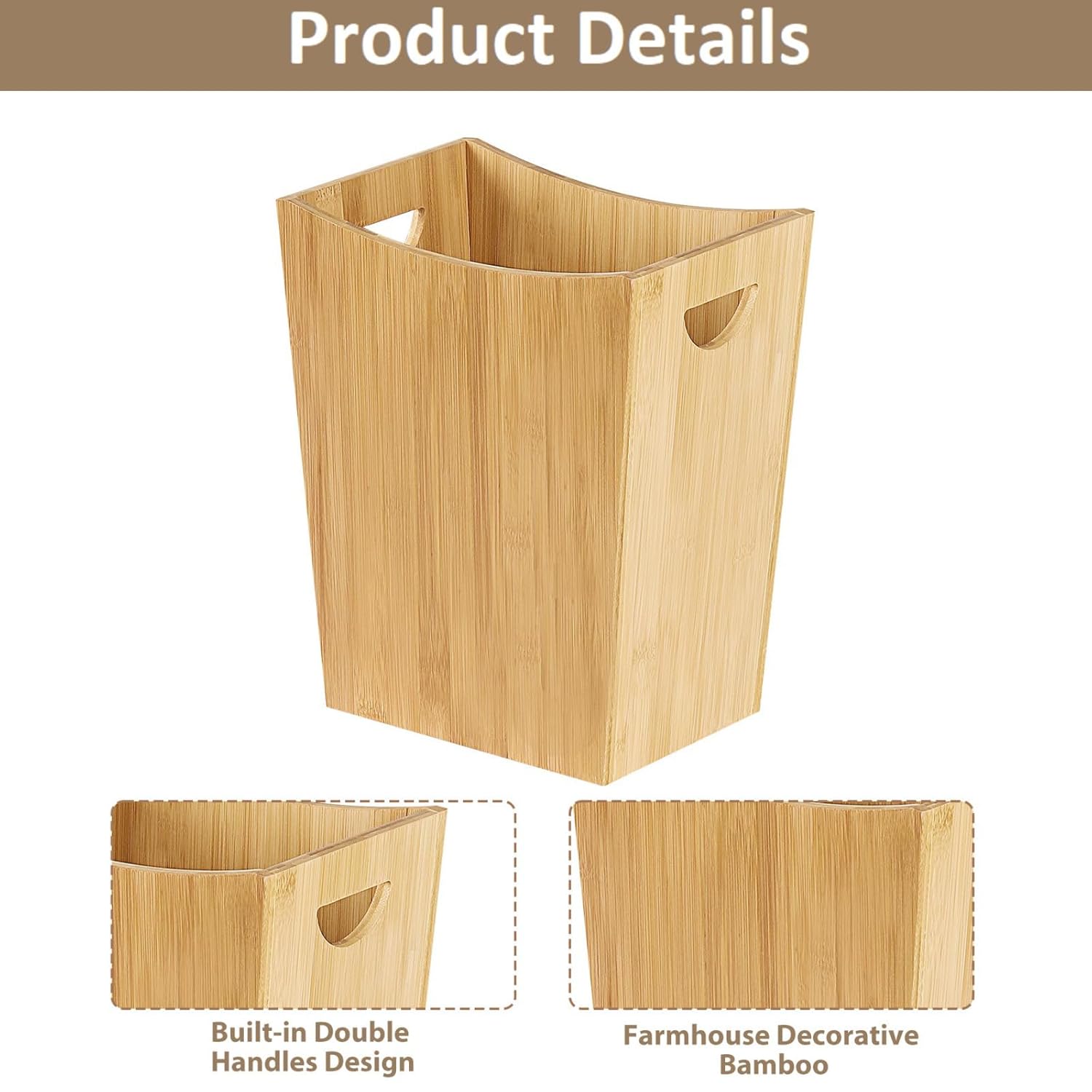 SEHERTIWY Wood Trash Can Wastebasket, 2 Gallon Small Waste Basket with 2 Handles, Rectangular