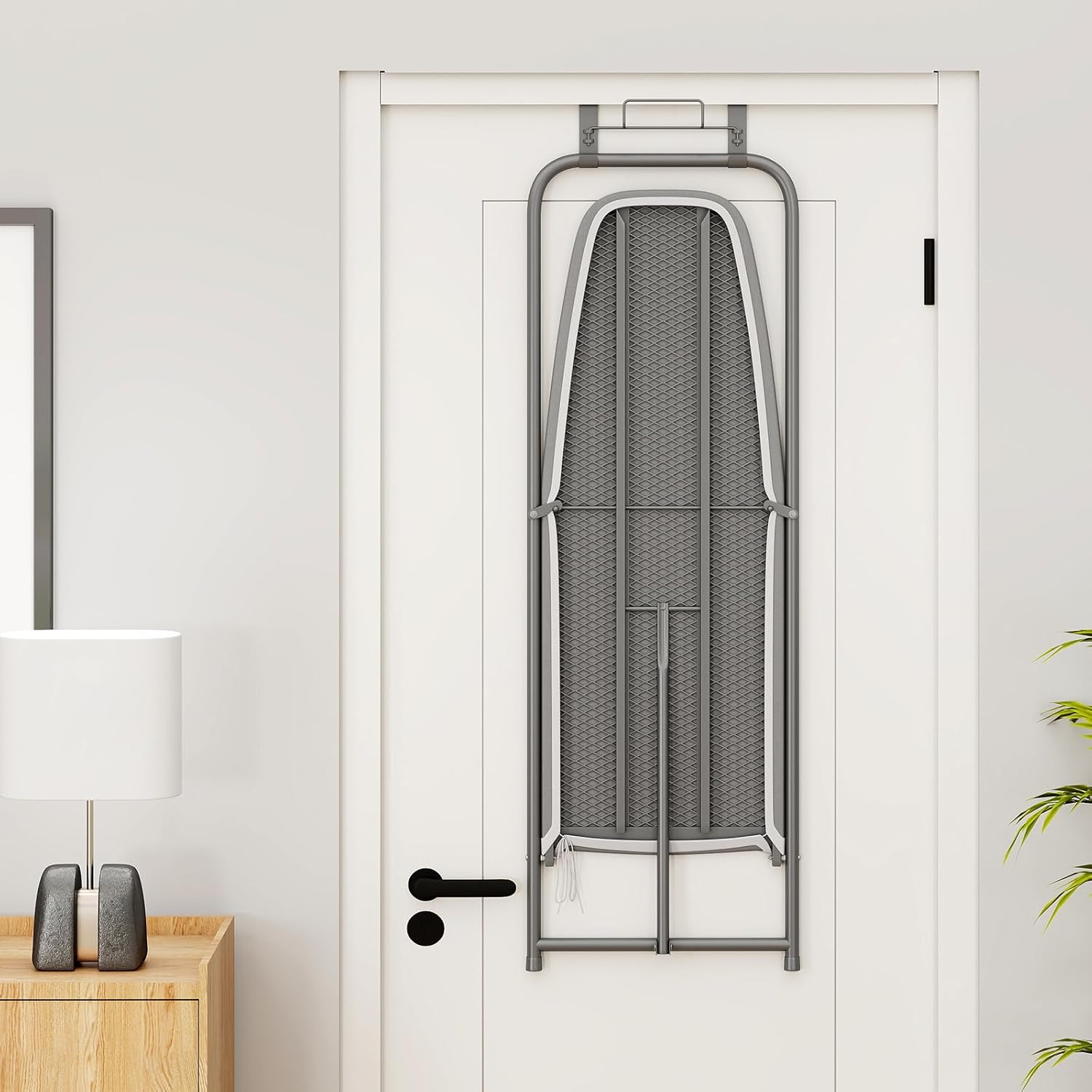 COSTWAY Over The Door Ironing Board, Space-Saving Metal Hanging Ironing Board with Iron Holder &