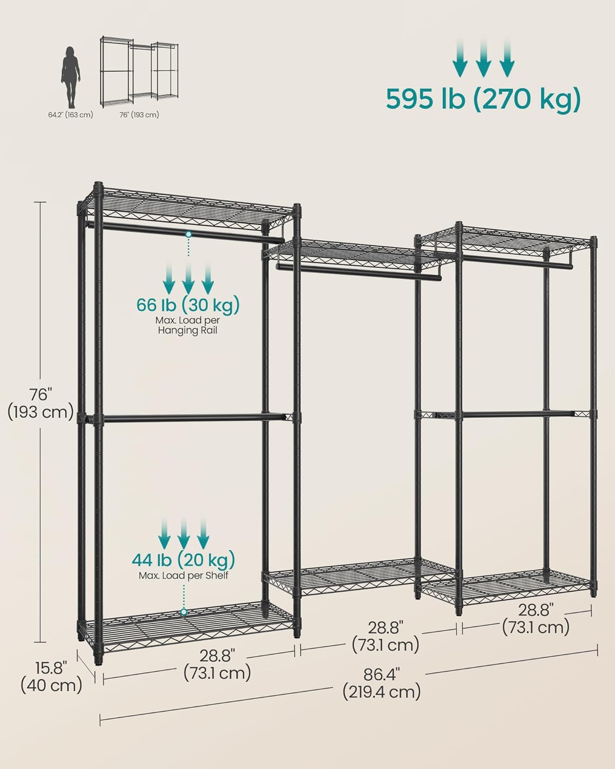 SONGMICS Heavy-Duty Clothes Rack, Garment Rack, Portable Closet, 86.4-Inch Wide Clothing Rack with