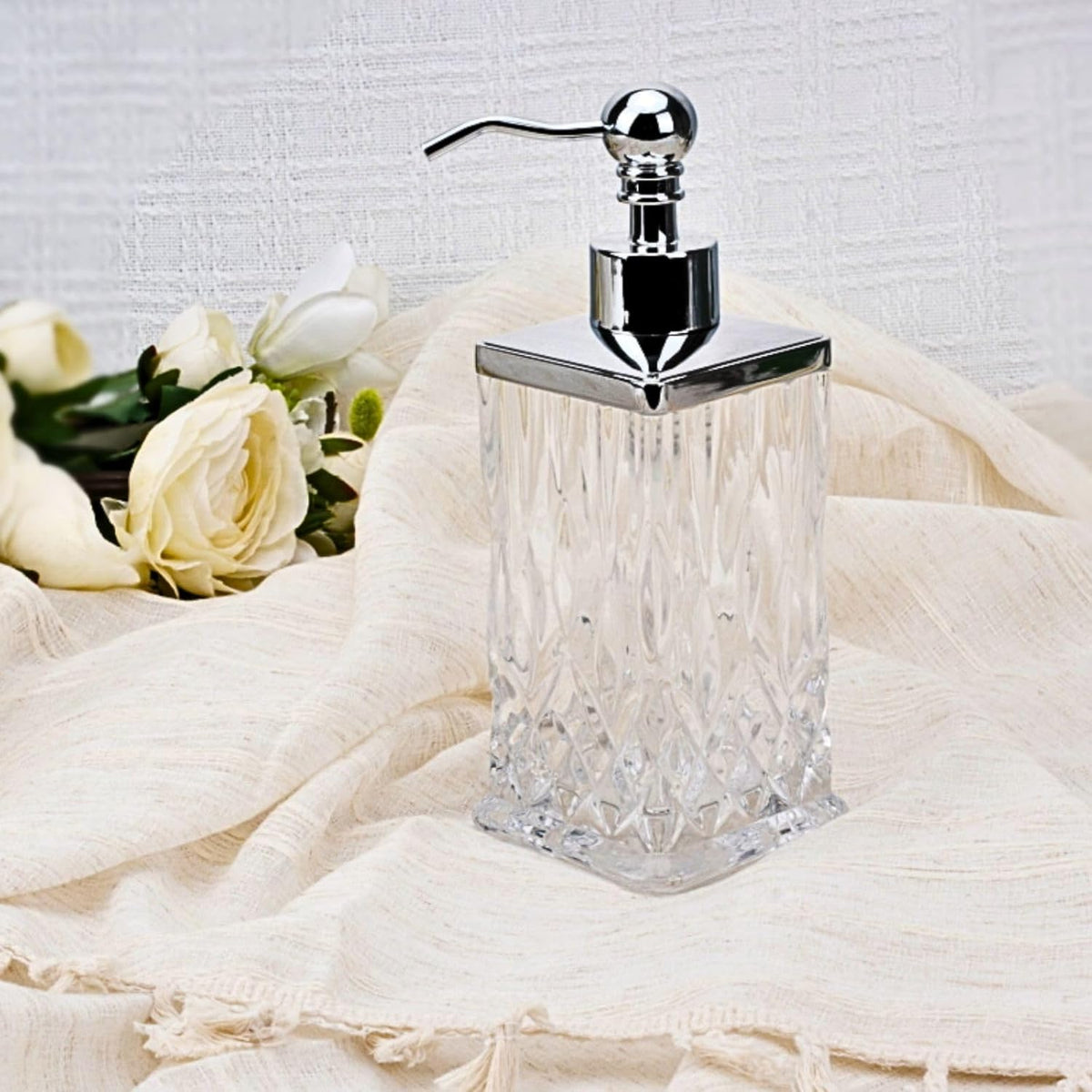10Oz Clear Glass Soap Dispenser,Handcrafted Lead-Free Glass,Hand Sanitizer Dispenser with Silver
