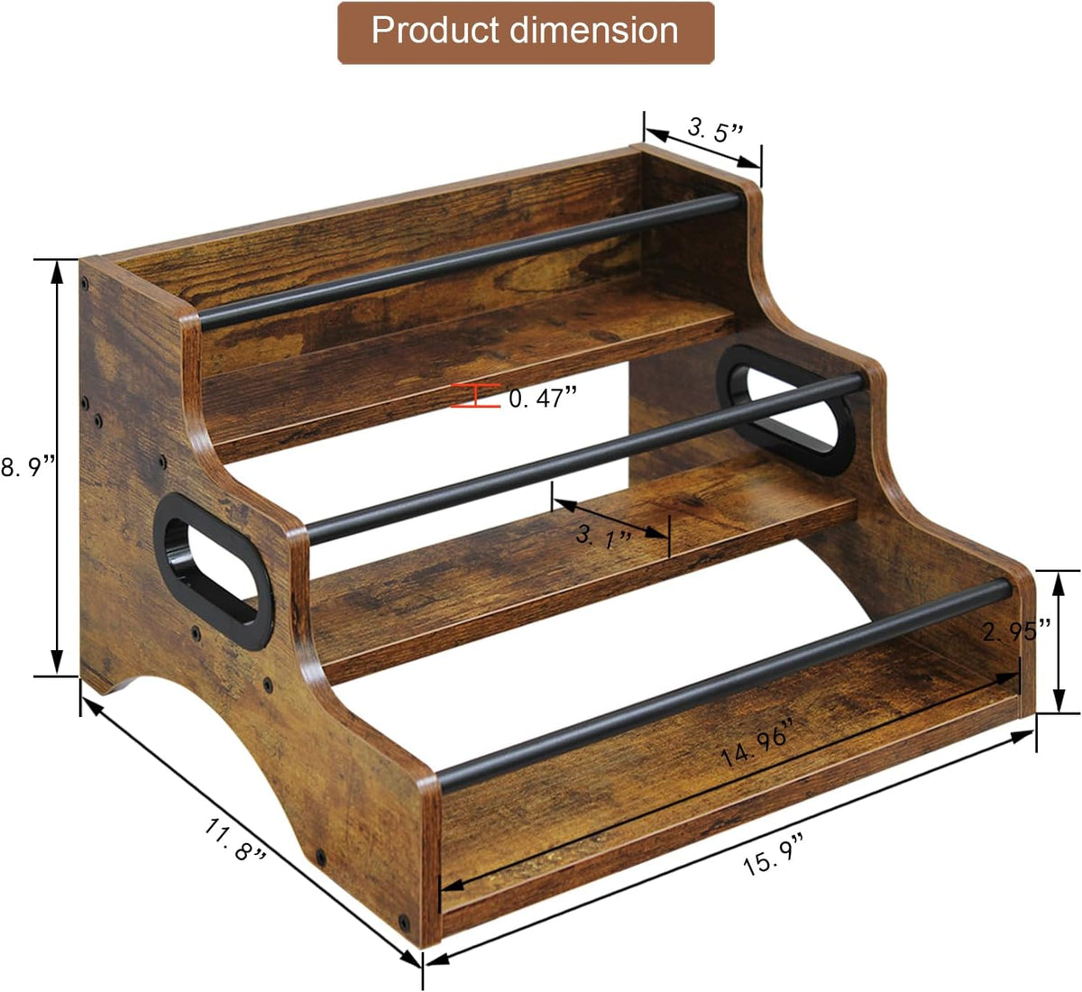 AT-VALY 3-Tier Spice Rack, Iron&MDF Kitchen Storage Shelf, Space-Saving Countertop Organizer for