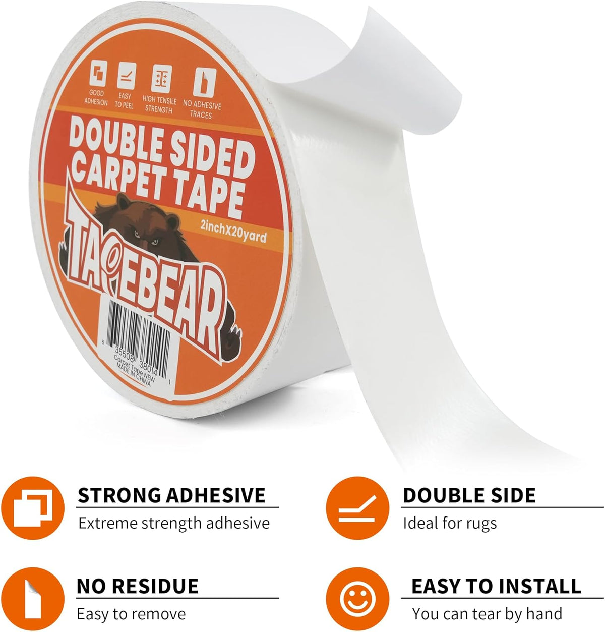 TAPEBEAR Double Sided Carpet Tape 2Inch x 20Yards, Heavy Duty Rug Tape Residue-Free Carpet Gripper