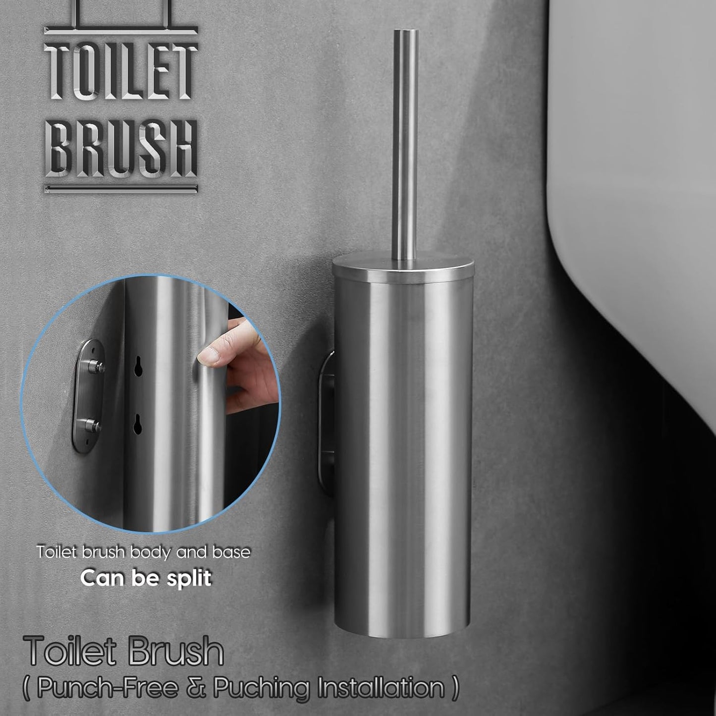 Brushed Stainless Steel Toilet Brush and Cover, No-Punch Hook Base Dual Purpose Toilet Brush Holder