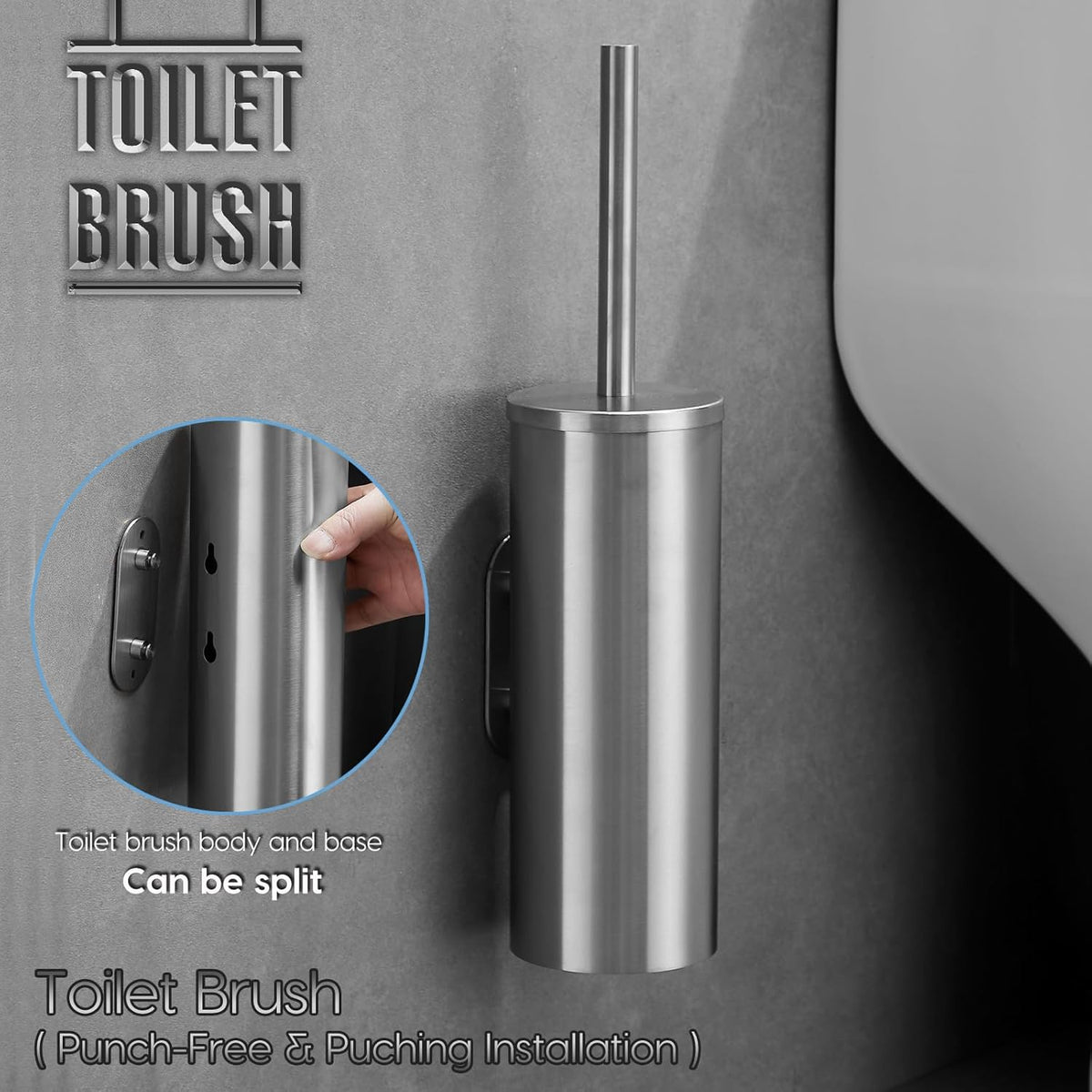 Brushed Stainless Steel Toilet Brush and Cover, No-Punch Hook Base Dual Purpose Toilet Brush Holder