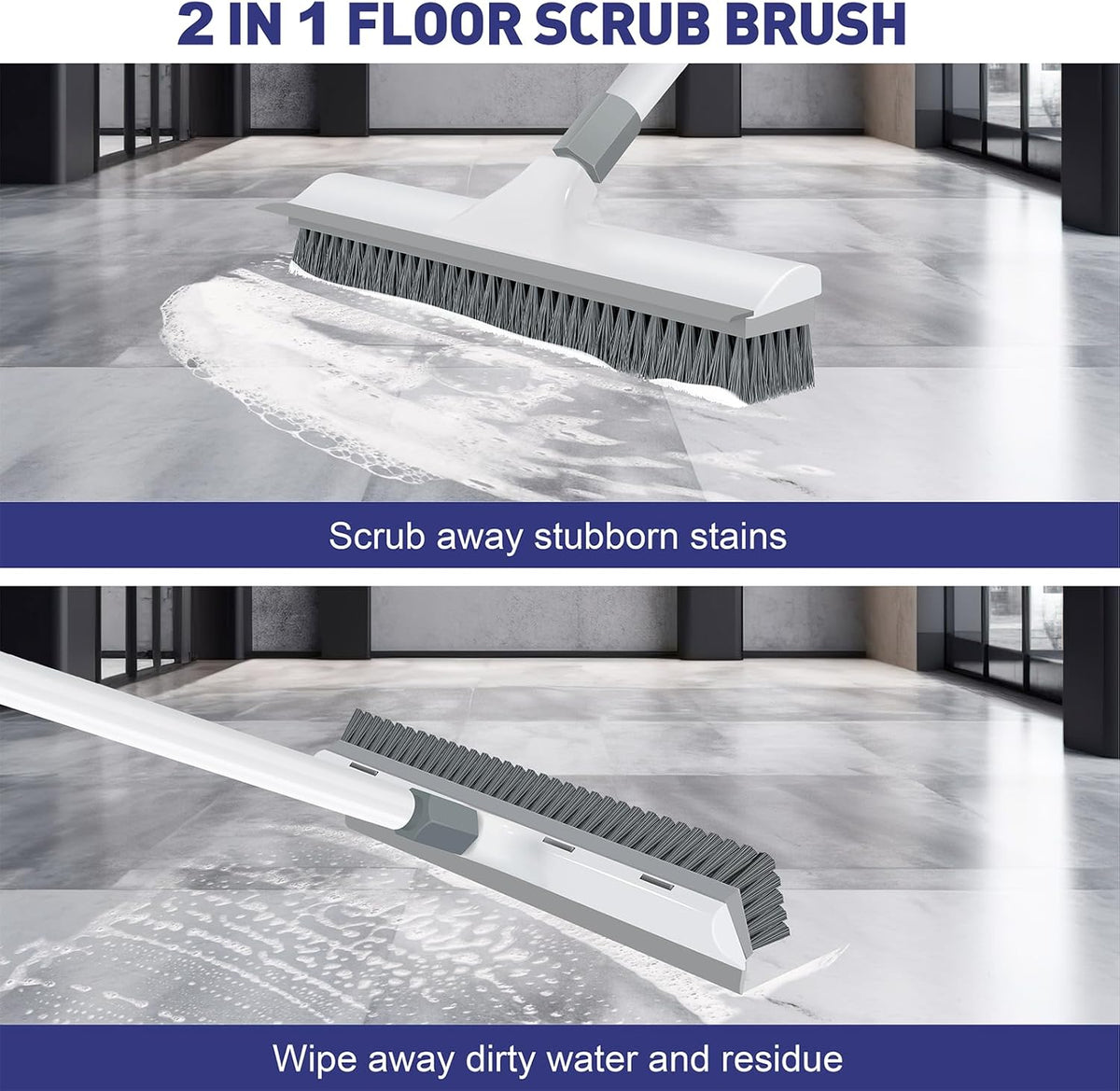 Floor Scrub Brush with 60 inch Long Handle, 2 in 1 Heavy Duty Stiff Bristle Floor Scrubber Brush