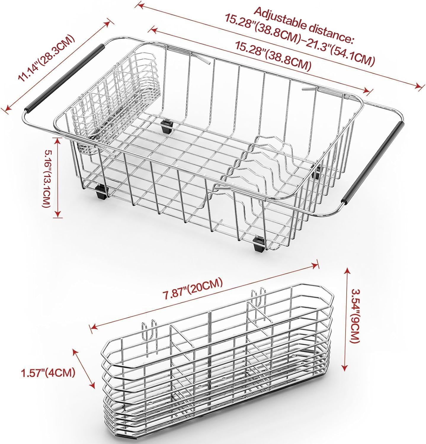 Large Dish Drainer Rack in Sink Adjustable, Expandable 304 Stainless Steel Metal Dish Drying Rack