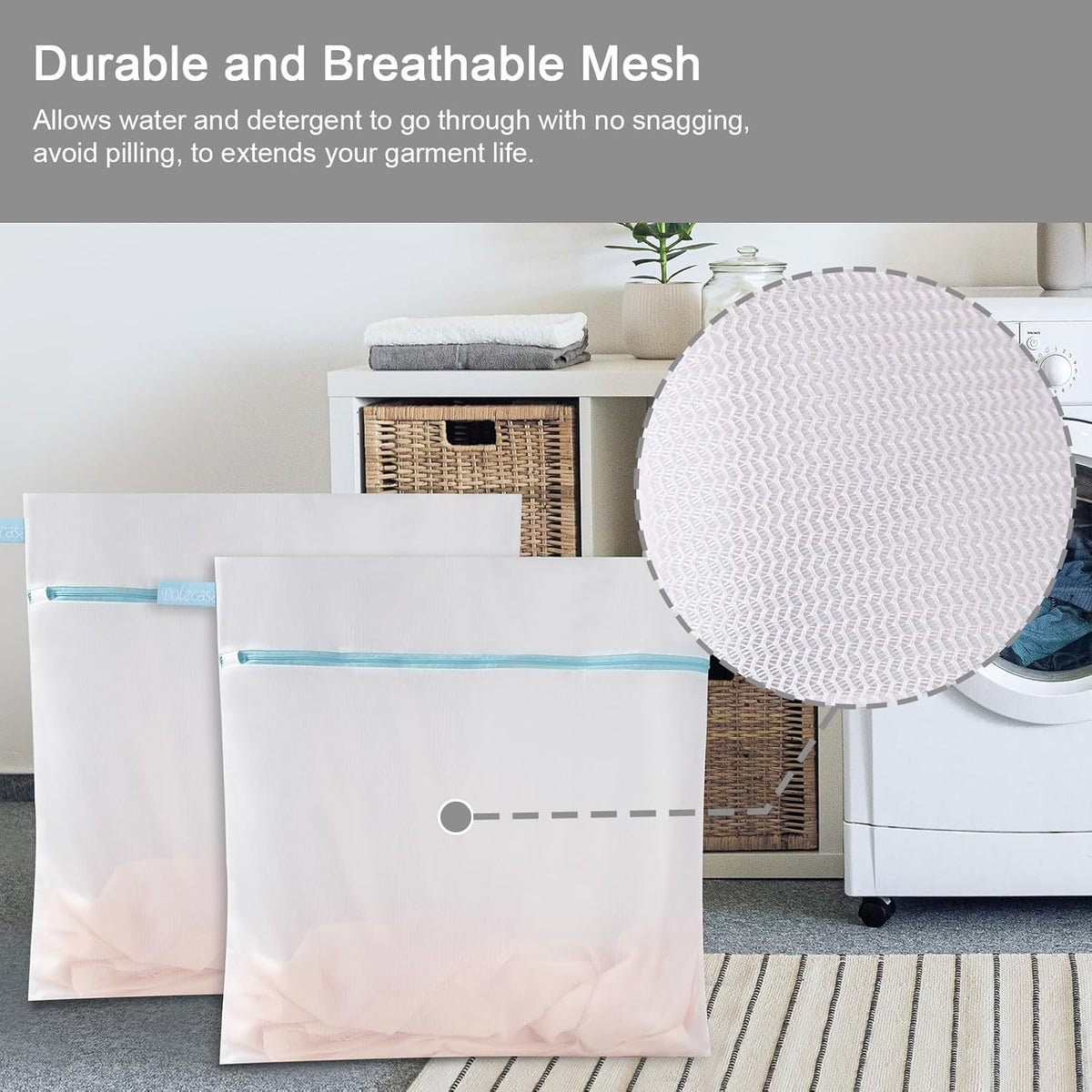 Polecasa 2Pcs 24 x 24 Inches Extra Durable Fine Mesh Laundry Bags with Sturdy Zipper for Delicates