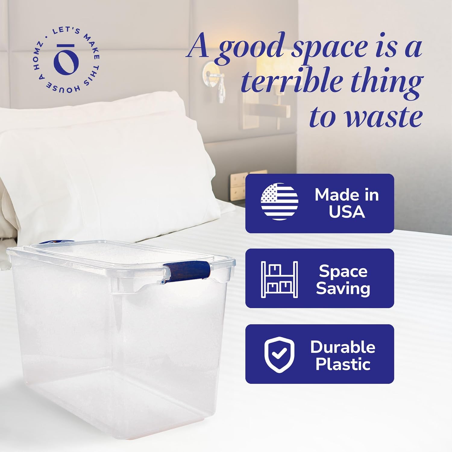 HOMZ 2-Pack Latching Lid, Clear Plastic Storage Organizer Bins, 112 Quart, Blue Latch - Stackable