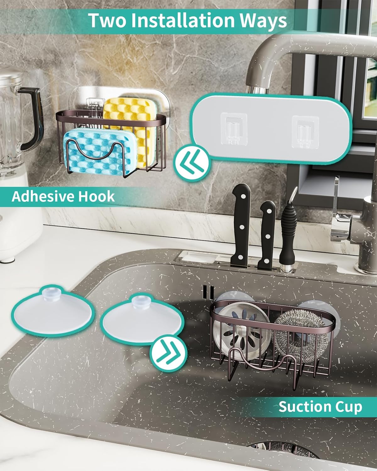 HapiRm Multifunctional Sponge Holder for Kitchen Sink with Unique M-Shaped, 2 Installation Methods