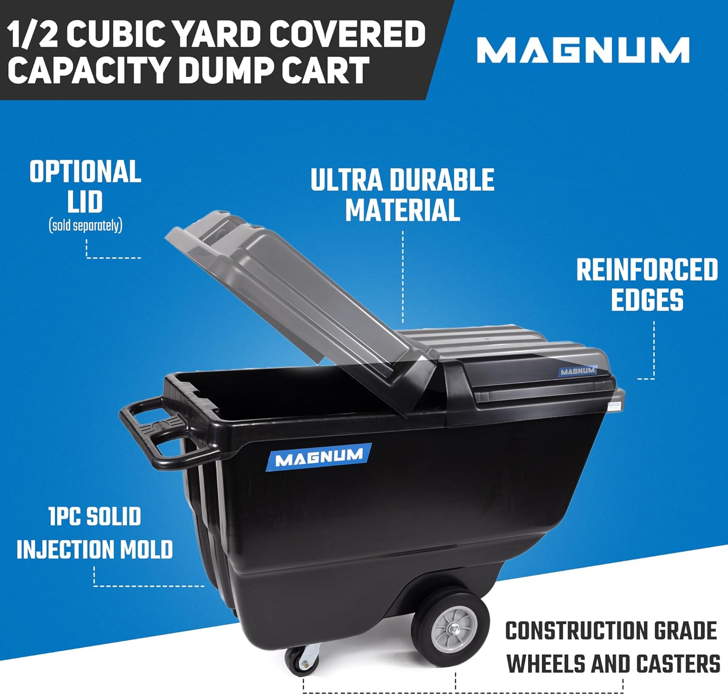 Tilt Truck, 1/2 Cu. Yd. Capacity Dump Cart with Heavy Duty 12” Wheels & 5” Casters for Handling